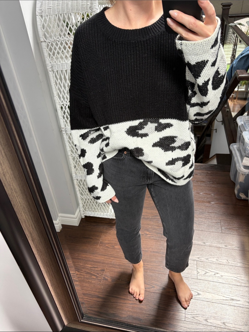 SHEIN Black and White Crewneck Animal-Print Knit Sweater